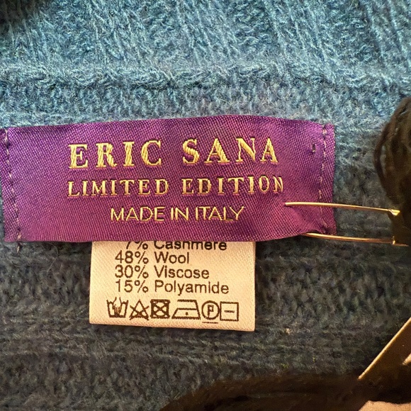 Blue Wool-Cashmere Scarf – Eric Sana Limited Edition Italian Ribbed Knit 🇮🇹 - Picture 6 of 10